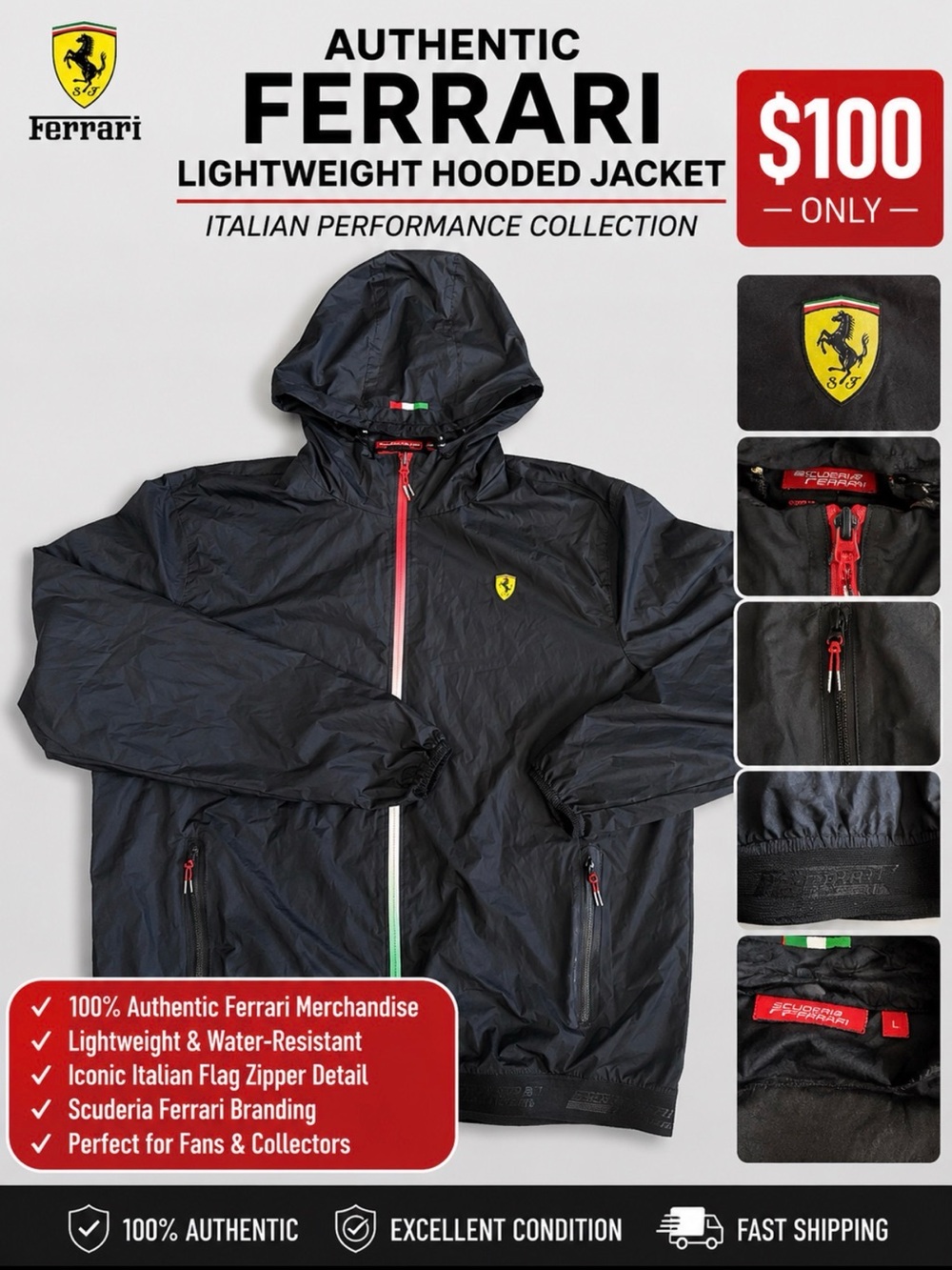 NEW NO TAG Men's Ferrari, rain, jacket  Black Hooded Windbreaker Jacket  Zip. XL